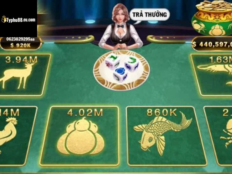Bàn bầu cua trực tuyến với ba xúc xắc và các ô linh vật tại TYPHU88